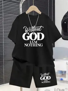 Teen Boys' Casual Summer Short Sleeve Set, They Letter Print, Fashion Outdoor Sports, Two-Piece, T-Shirt and Shorts, Matching Outfit Set