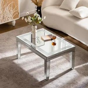 Silver Coffee Tables for Living Room with Dazzling Crushed Crystal Border, Clear Glass Rectangle Center Table Mirrored Finished, Glam Modern Living Room Furniture
