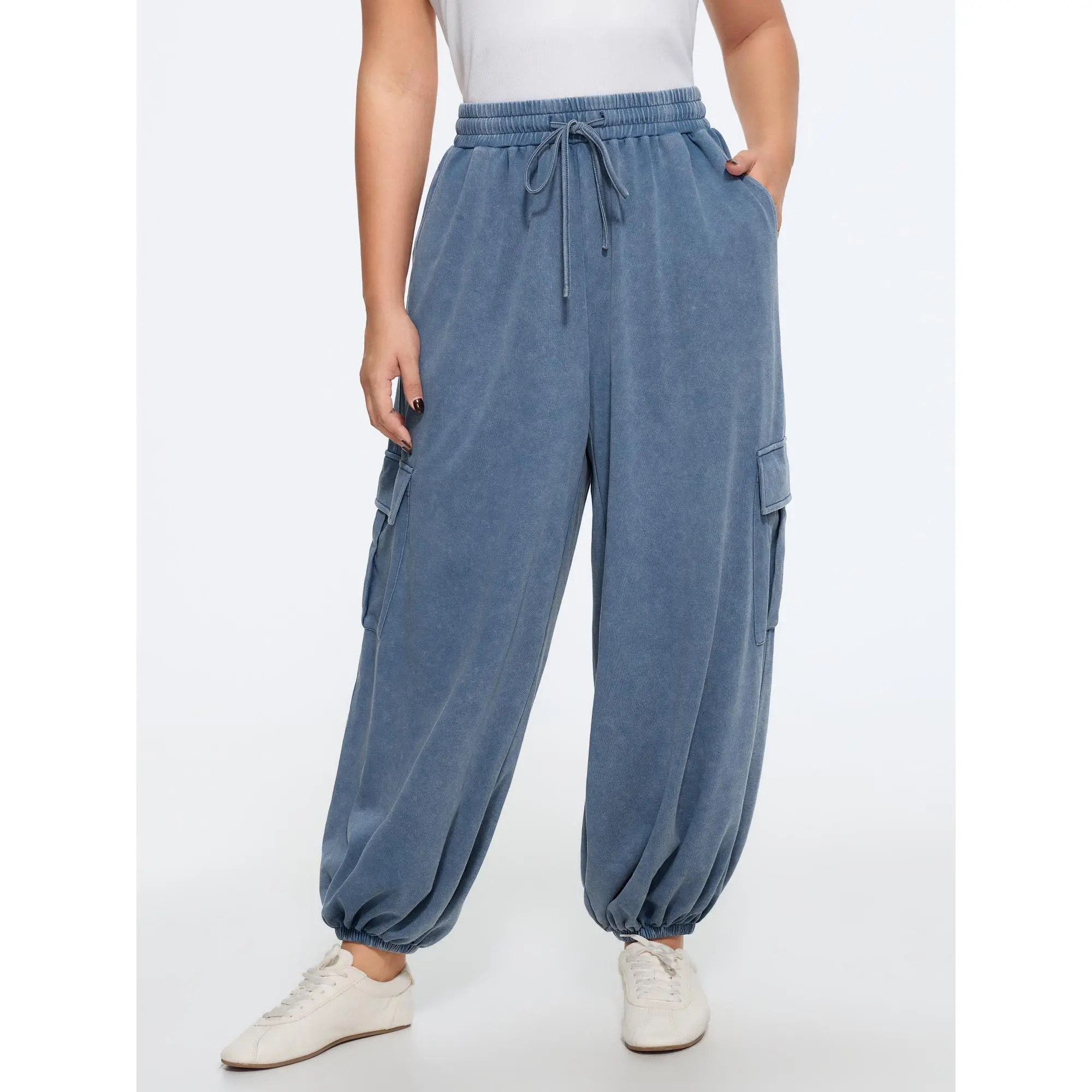 BloomChic Women's Plus Size Solid Washed Cotton Blend Cargo Joggers - Cargo Pants for Women, Casual Full-Length Mid-Rise Drawstring Waist Pants, Cargo Pants Women