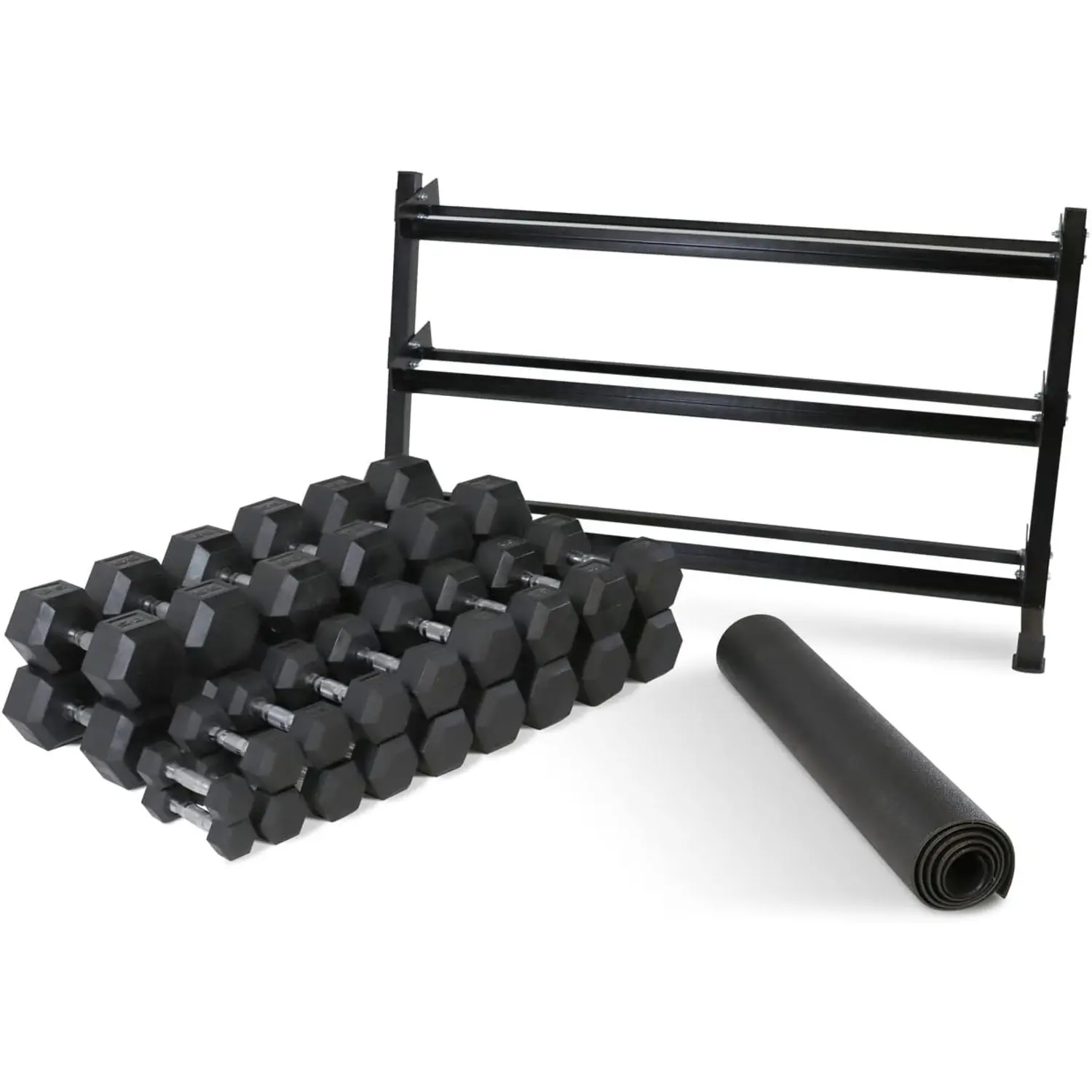 CAPHAUS Rubber Coated Hex Dumbbell Set, Multiple Weight & Color Choices Available - Dumbbells with Rack Stand and Mat (550/1200/2100/3000 LB)