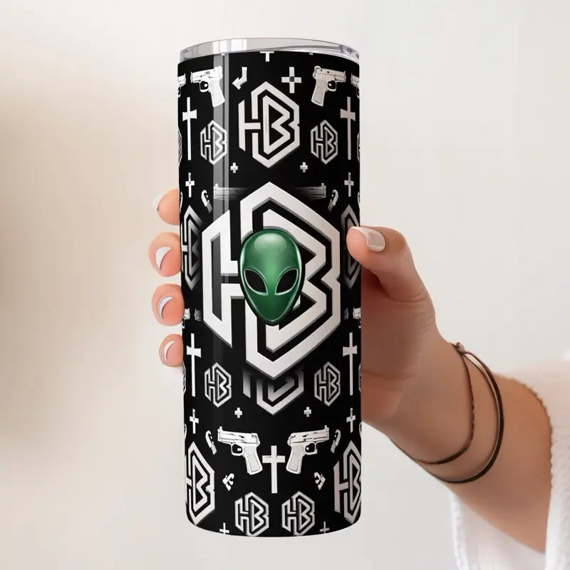 Healthy Bob Alien Tumbler 20oz - Stylish Black Design with Alien and Gun Icons for Unique Beverageware