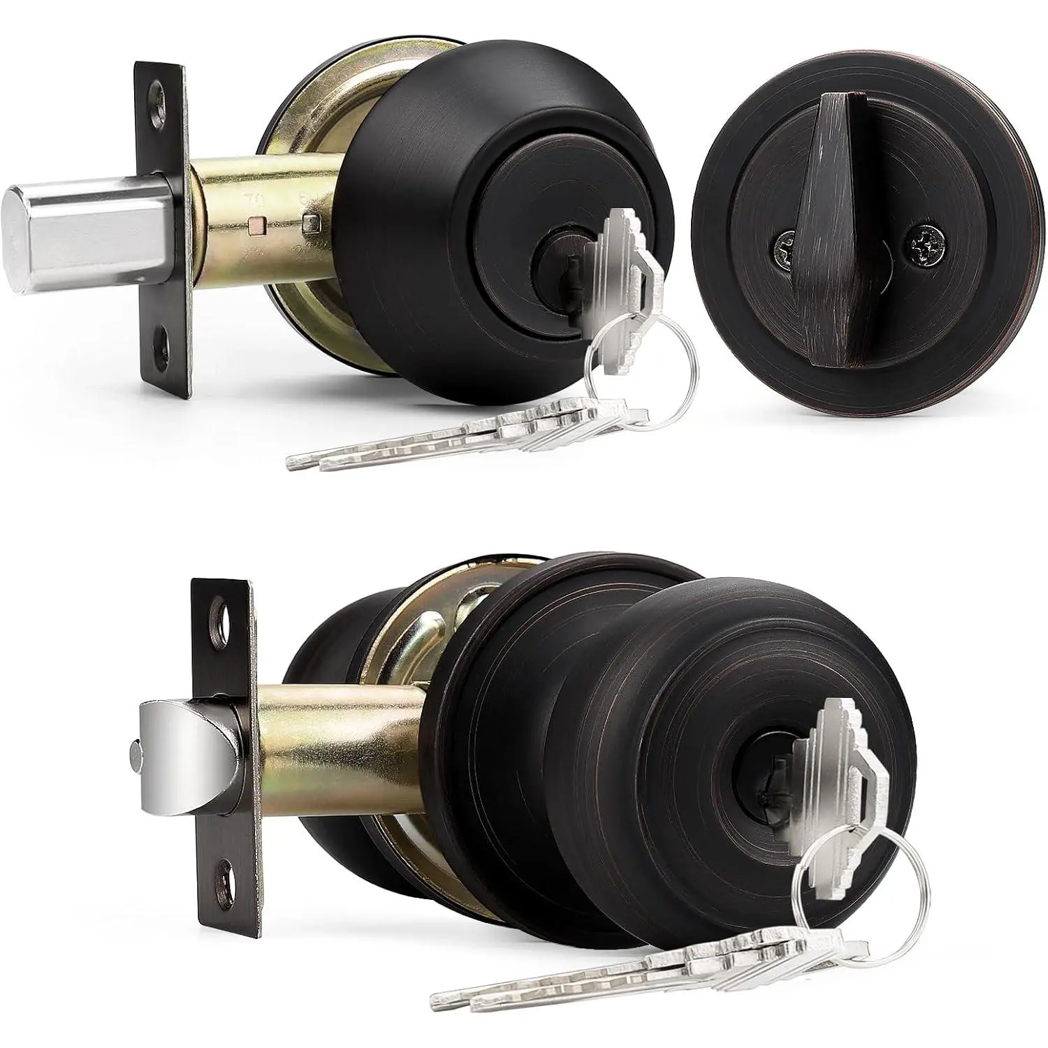 Keyed Alike Round Ball Entry Door Knob and Single Cylinder Deadbolt Set, Oil-Rubbed Bronze, 1Pack
