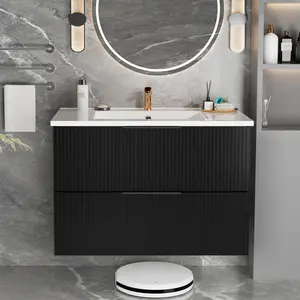 30 Inch Bathroom Vanity Cabinet With Ceramic Sink - Black Wall Mounted Floating Fluted Vanity With Drawers, Modern