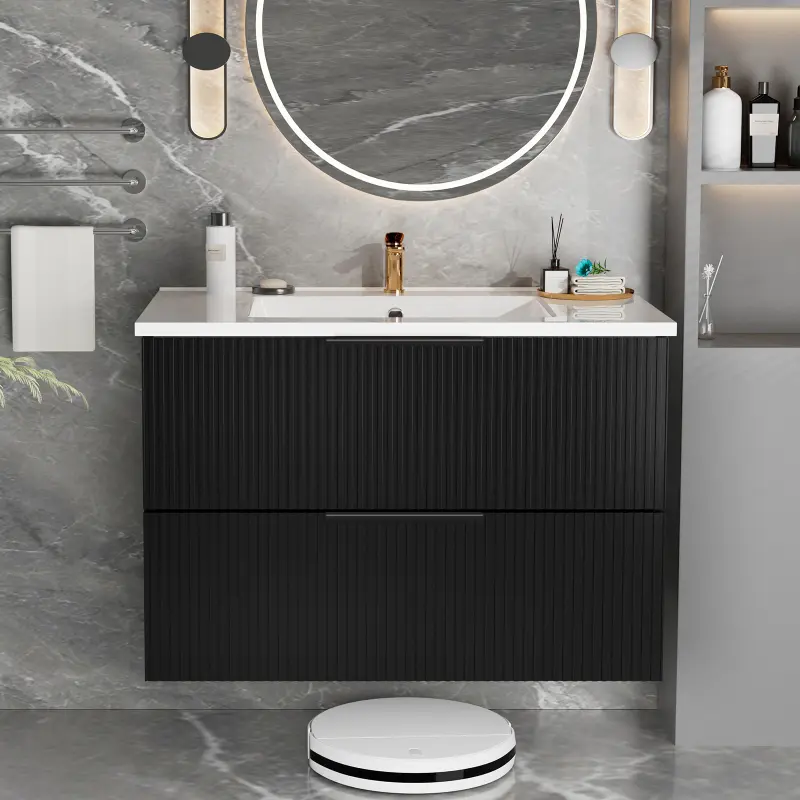 30 Inch Bathroom Vanity Cabinet With Ceramic Sink - Black Wall Mounted Floating Fluted Vanity With Drawers, Modern