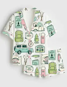 Camping Print Pajama Set Women Loose Comfy Short Sleeve Button Shirt Shorts Sleepwear Campfire Marshmallow Outdoor Adventure Summer PJ Set