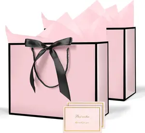 Medium Gift Bags with Tissue Paper, 2Pcs, Handle & Bow Ribbon for Birthday, Weddings, Mothers Day & Special Occasion 11"x7.87"x4" (Black-Pink)