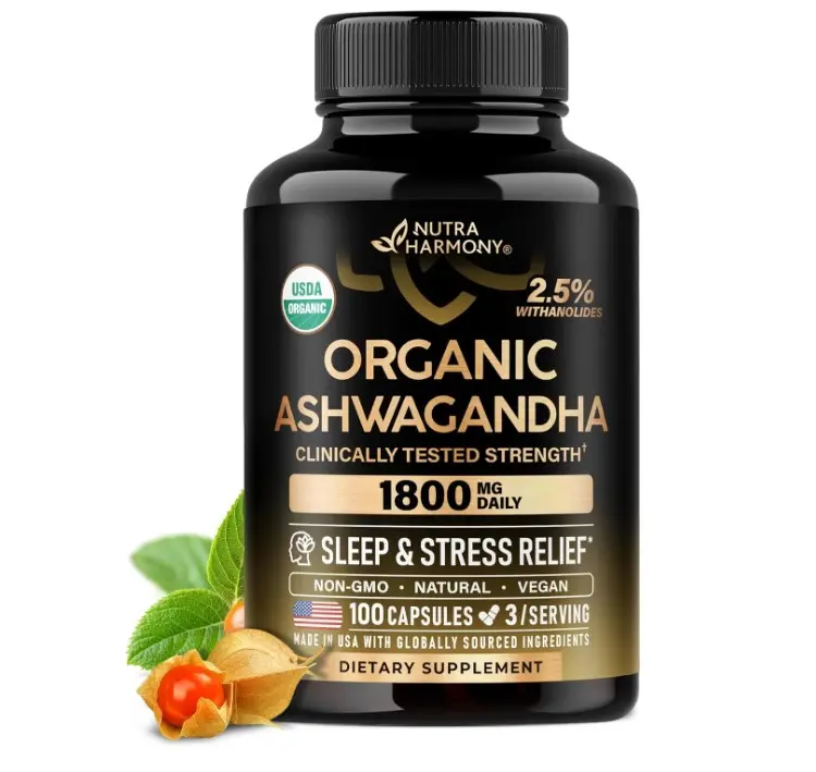 Ashwagandha Supplements 1800mg - USDA Organic Ashwagandha for Women & Men - Clinically Effective Strength for Stress Relief & Sleep - Powder & Root Extract 2.5% Withanolides - 100 Capsules