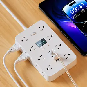 21-in-1 Power Strip with Flat Plug - 16 AC Outlets, 2 Type-C & 3 USB Ports, Surge Protector with Overload Protection, 45° Angled Flat Plug for Home, Office, Dorm Room - Black/White
