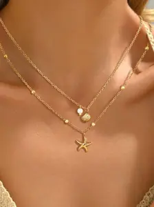 Shell & Starfish Design  Necklace, Faux Pearl Decor Pendant Necklace for Women for Gift, Clavicle Matching Necklace, Fashion All-match Accessories for Daily Wear