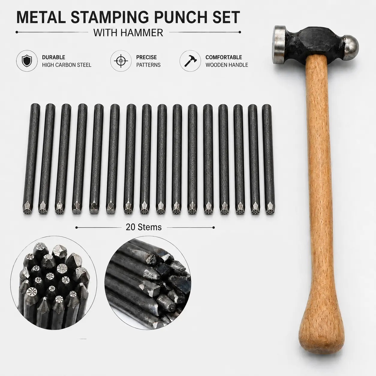 20PCS Metal Stamp Punch Set with Hammer for Jewelry Making, Leather Craft and DIY Projects