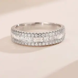 Moissanite Wedding Bands for Women Wide 925 Sterling Silver Promise Engagement Rings Round Emerald Cut Simulated Diamond