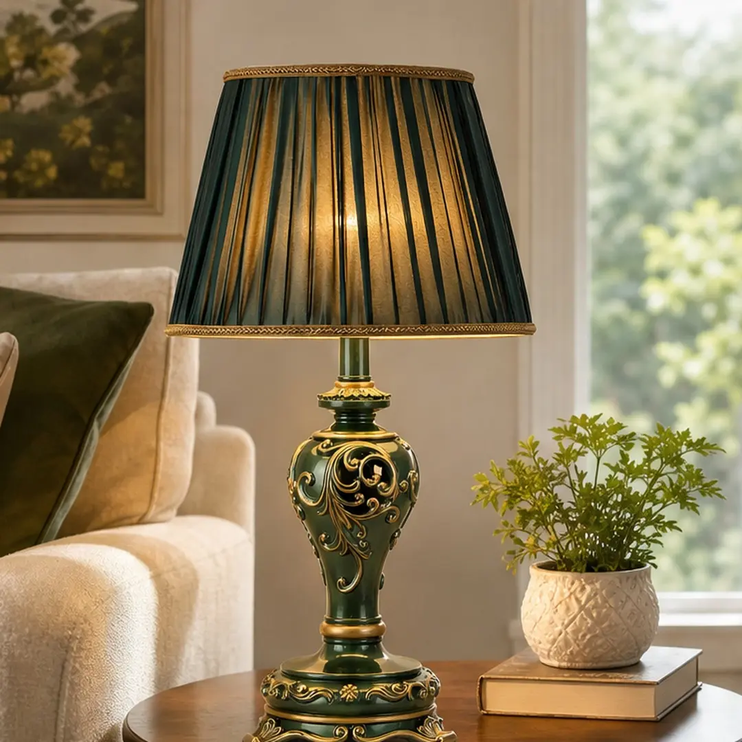 Farmhouse Vintage Resin Table Lamp with Nightlight, Dark Green Hollow Out Carved Design, Fabric Shade, Bedside Desk Nightstand Lamp for Living Room Bedroom Office, Multiple Color Options Available, Antique Brass/Beige/Blue/Dark Green Color