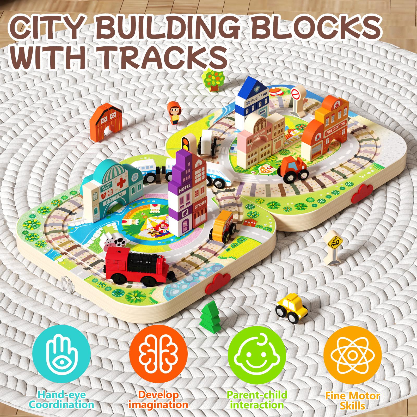 EDUTREE Wooden Track City Blocks Fun Educational Toys for Kids Portable Durable Block Set for Travel Hand-eye Coordination Shape Recognition Halloween Birthday Gifts for Boys Girls
