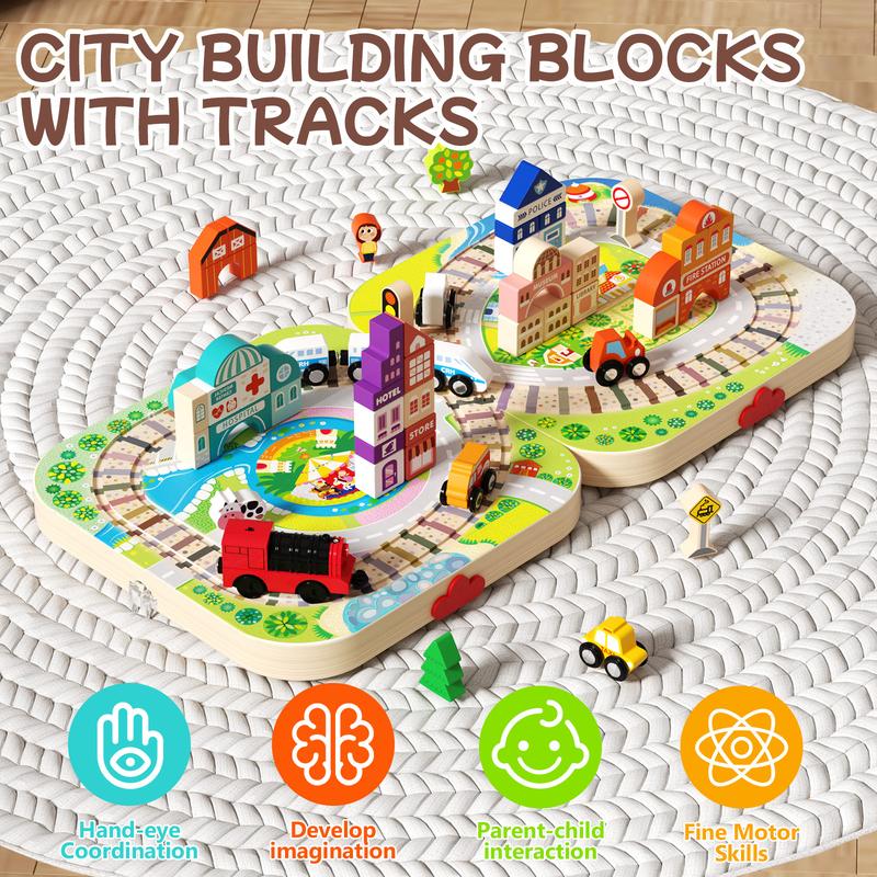EDUTREE Wooden Track City Blocks Fun Educational Toys for Kids Portable Durable Block Set for Travel Hand-eye Coordination Shape Recognition Halloween Birthday Gifts for Boys Girls