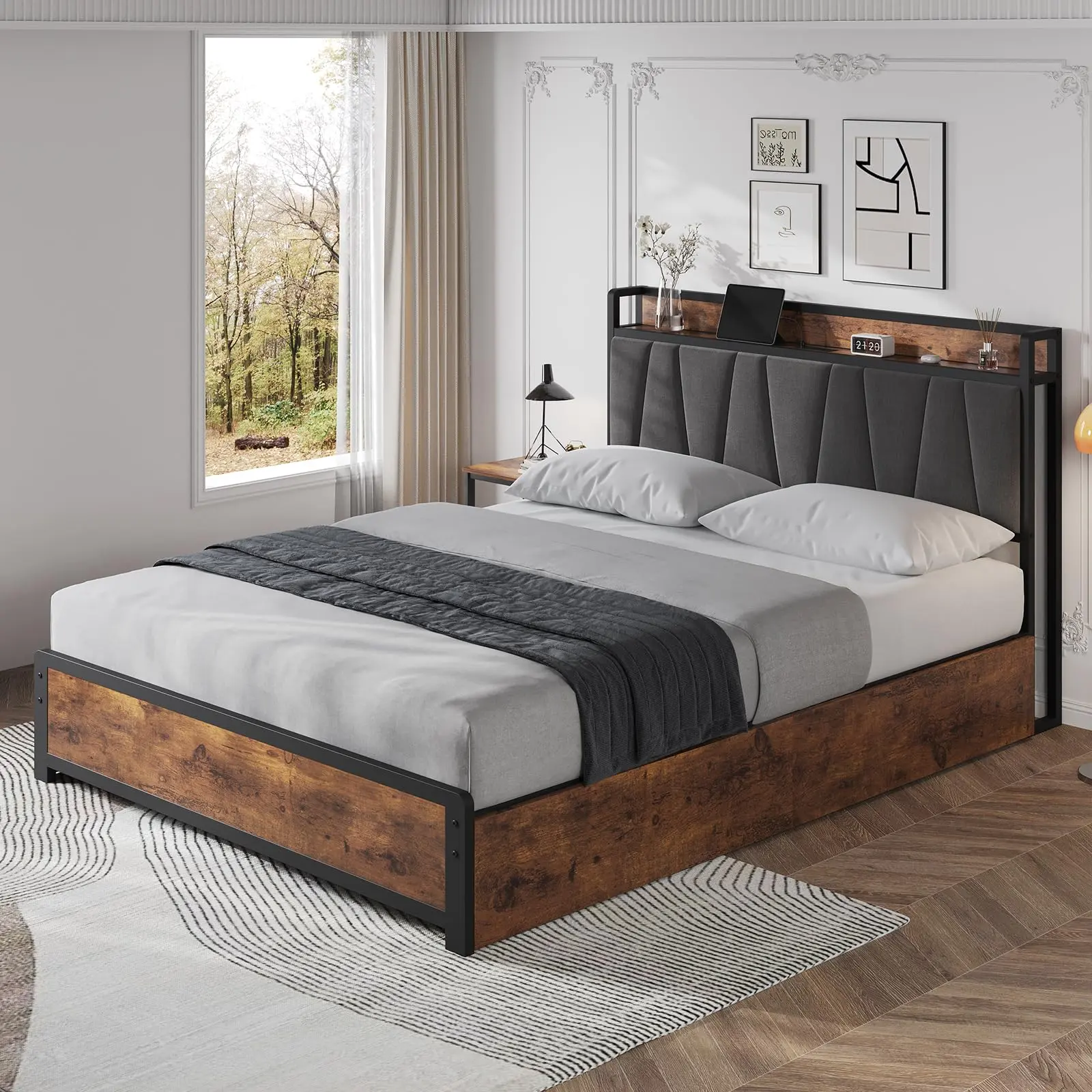 Garvee Retro Brown Linen Upholstered Low Platform Bed Frame (Full/Queen Size) - Sturdy Double with Drawers Bed Frame with 4 Locking Compartments, 2 AC Outlets, 2 USB Ports, Built-in Charging Stations, 27.5in×19.6in×5.1in, Easy Assembly Setup