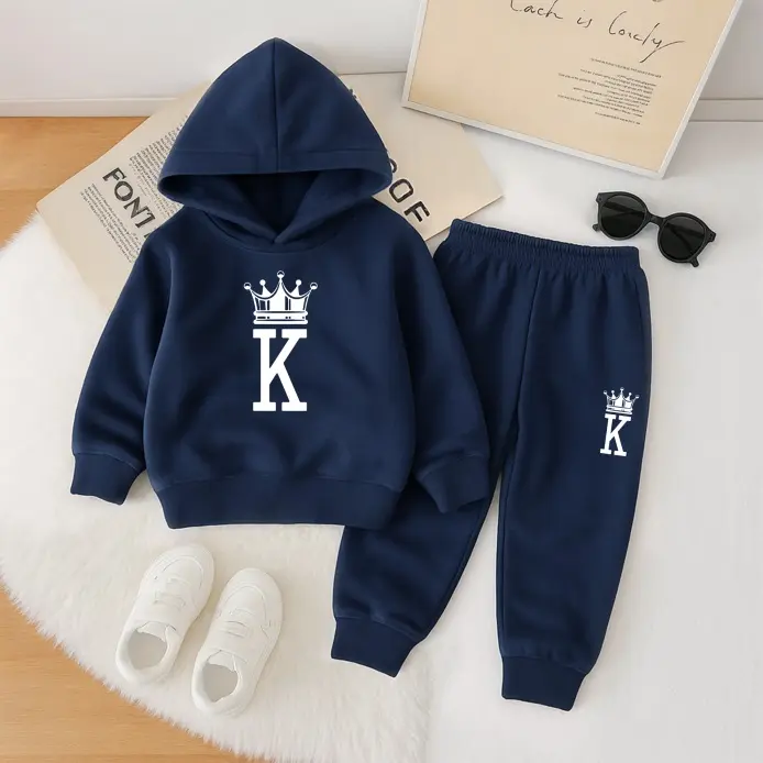 Kids' Unisex 2-Piece King Print Fleece-Lined Long Sleeve Fitted Hoodie Tracksuit Set - Athleisure Wear Set, Sporty Chic Sweatshirt & Joggers for Fall-Winter Casual Use (3-4Y(100))