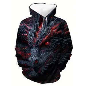 Men's Black Dragon Pattern Kangaroo Pocket - Spring and Autumn Casual Long Sleeve Hoodie, Street Style Polyester, Street Style, Regular Edition, Pattern Printed HoodieRAIMENTRY