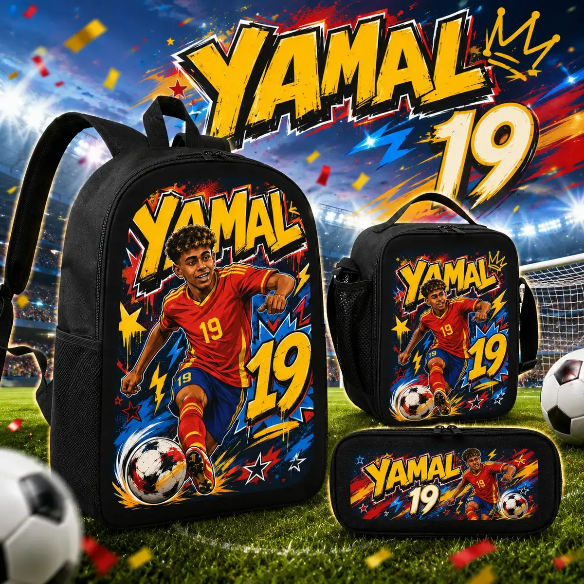 Boys' 3-Piece Yamal Soccer Backpack Set - 17in 600D Oxford Large Capacity Laptop Backpack with Insulated Lunch Bag, Pencil Case, Red-Yellow Sports Print, School Gift for Elementary-Middle Schoolers, Large Capacity Backpack