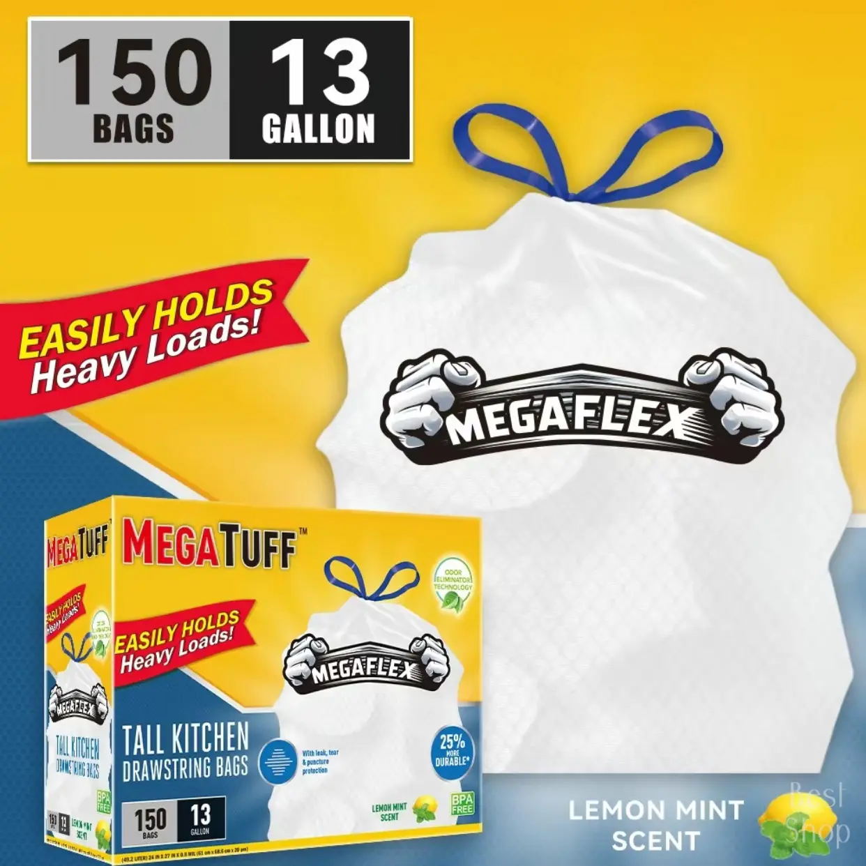 150 Bags 13 Gallon Disposable Garbage Bags Puncture Tear Resistant with Lemon Mint Scent Odor Eliminator Technology Drawstring Kitchen Trash Bags 150 Count Durable