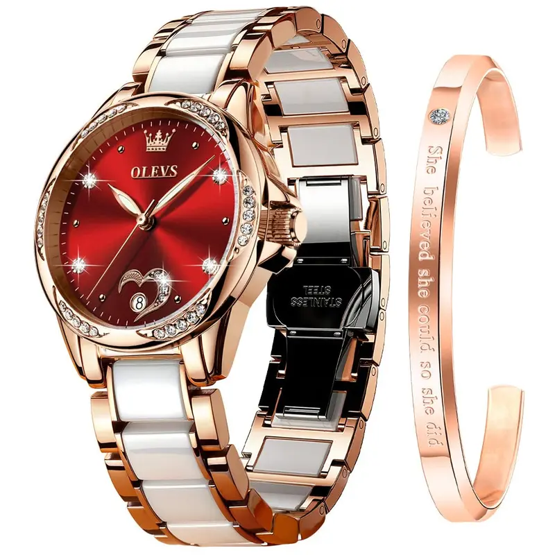 OLEVS Women's Automatic Self-Winding Watch Set with Gift Box, Rose Gold Ceramic Bracelet, Diamond Accents, Heart Motif, Date Window, Luminous Dial, Gold Colored Wrist Watch for Daily Elegance & Glamorous Fashion (6631)