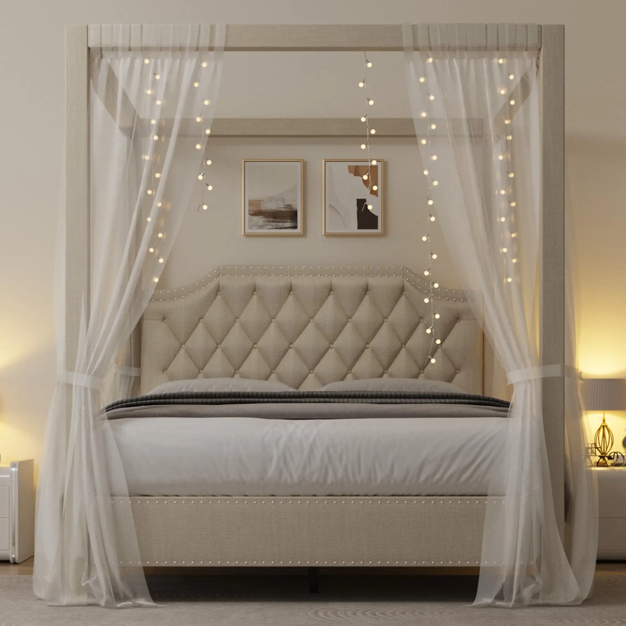 Queen Size Canopy Bed Frame with Nailhead Decoration Headboard，Upholstered Bed Frame with Poles 4 Corner Bed Bracket,Solid Wood Slats Support,Beige