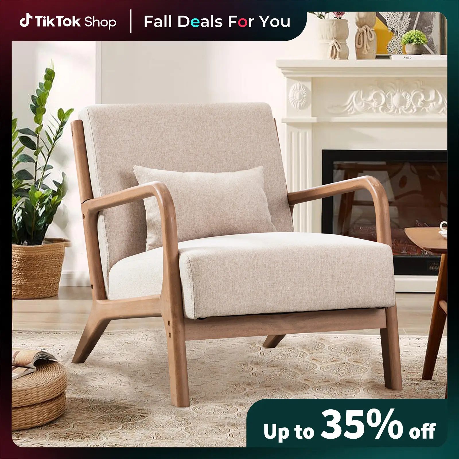 [falldealsforyou]EBELLO Modern Accent Chair, Comfy Fabric Living Room Chairs with Solid Wood Frame, Lounge Reading Armchair, Easy Assembly