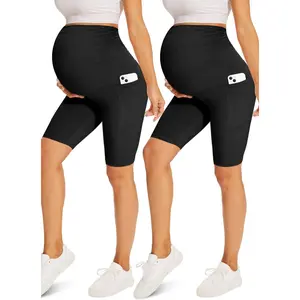 Maternity Shorts with Pockets Over The Belly,8" Pregnancy Biker Yoga Active Workout