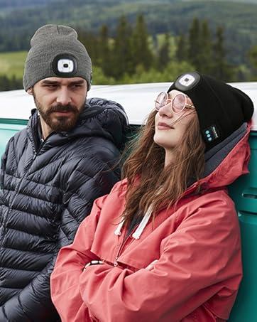 Bluetooth Beanie with a Light, Unisex USB Rechargeable 4 LED Fashlight Hat with Cordless Headphones, Unique Christmas Birthday Gifts for Men Him Husband Teen Black