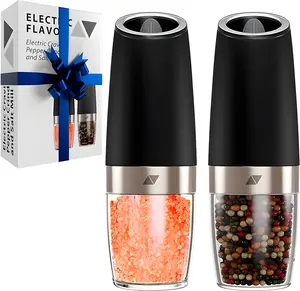 Gravity Electric Salt and Pepper Grinder Set, Automatic and Battery-Operated with Adjustable Coarseness, LED Light, One Hand Operated