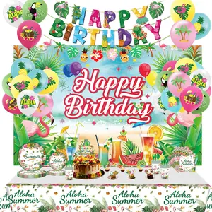 164Pcs Hawaiian Birthday Party Decorations Set, Tropical Aloha Luau Tableware Plates Napkins Cups, Banner Backdrop Tablecloth Cake Topper Balloons, Kids Adults Party Supplies