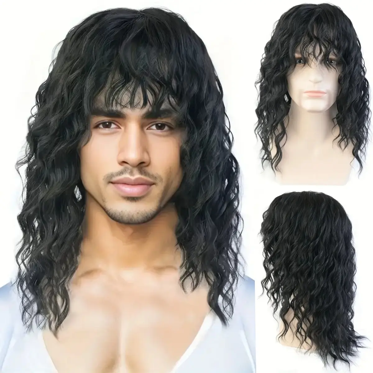 Men's 22-Inch Curly Synthetic Wig - Heat-Resistant, Lightweight, Adjustable Straps, No Itching, Includes Free Wig Cap, For Daily Wear, Parties, Chemotherapy Brief Wear, Unisex Fashion Accessory
