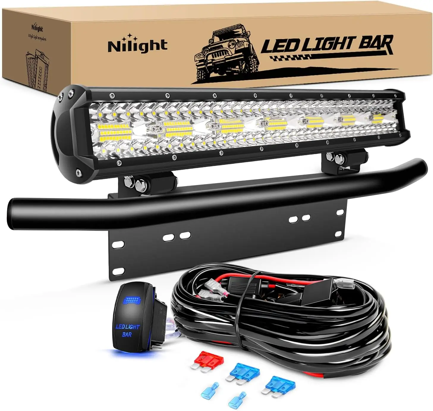 Nilight 20-Inch 420W Triple Row LED Light Bar - Flood Spot Combo, 42000LM, Aluminum Body Driving Work Light with License Plate Frame, Wiring Harness Kit for Off-Road Drive, Truck Upgrades, Driving Lights