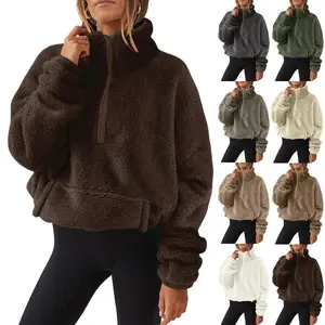 Women��s Half Zip Fuzzy Sherpa Pullover Oversized Crop Sweatshirt Long Sleeve Warm Fleece Top Casual Breathable Varsity Jacket Style