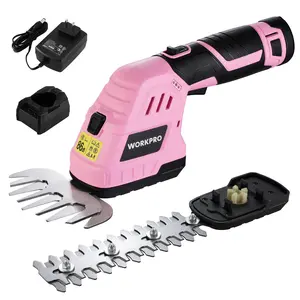 #SpringGlowUp WORKPRO 12V Cordless Grass Shear & Shrubbery Trimmer - 2 in 1 Handheld Hedge Trimmer, Electric Bush Trimmer/Grass Cutter with 2.0Ah Rechargeable Lithium-Ion Battery &1 Hour Fast Charger, Pink Ribbon