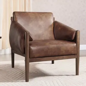 Ebello Mid-Century Modern Faux Leather Accent Chair | 300LBS Sturdy Wood Frame Armchair w/ Removable Soft Arm Pads | Comfortable Living Room/Bedroom Chair