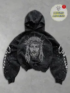 Men's Fall Hooded Sweatshirt with Trendy Bulging Jesus Graphic Print Design, Fashionable Streetwear for Casual Daily Wear, Perfect Gift for Trendsetters