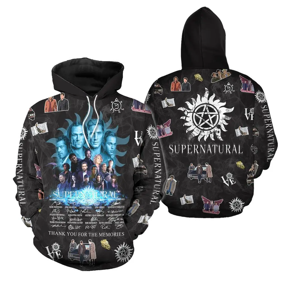 Vintage Supernatural 3D Hoodie - Black Winchester Brothers Graphic Sweatshirt for Fans of the Iconic TV Show
