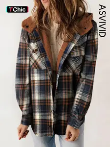 Women's Plaid / Houndstooth Print Button Front Hooded Coat, Casual Long Sleeve Pocket Coat for Fall & Winter, Ladies Outerwear for Daily Wear