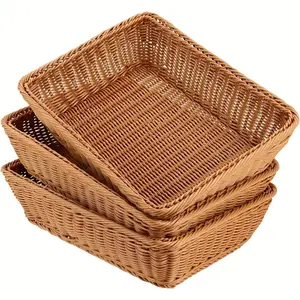 [Handmade | Rectangular] 3Pcs Handmade Rectangular Bread Basket | Fruit Serving Trays for Vegetables, Snacks & Crafts Storage | Brown Display Storage Basket