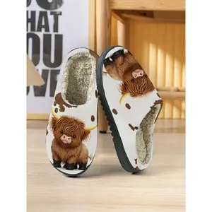 Cute Highland Cow Animal Printed Home Slippers, House Slippers, Unisex Couple Matching, Soft Skin-Friendly Comfort Plush Lining and Insole, Casual Warm Home Shoes, Spring & FallRAIMENTRY