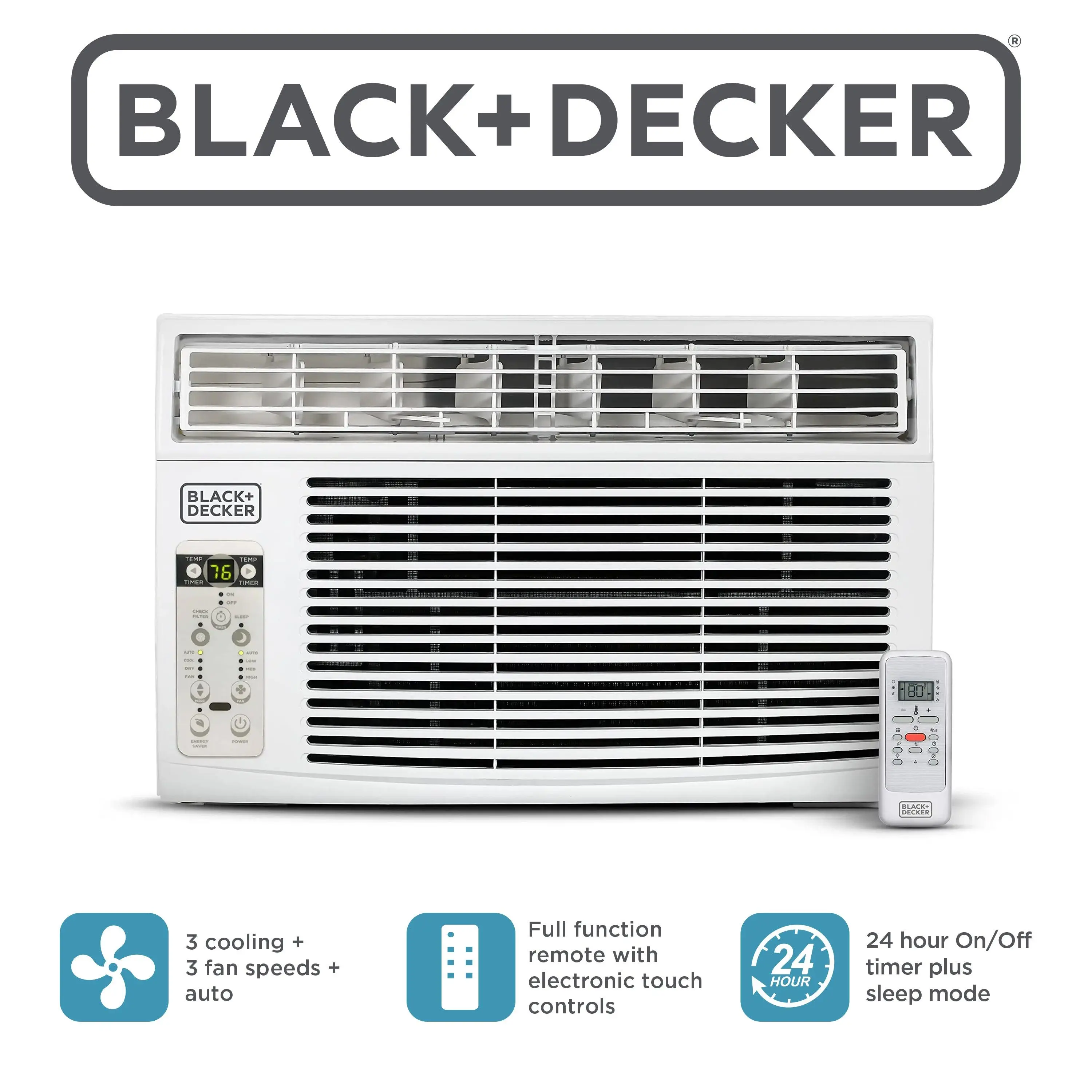 BLACK+DECKER Window Air Conditioner (6000 BTU) - Window Ac Units, Room Ac Unit Cools Up to 250 Sq Ft, with Remote Control, 3 Cooling Speeds, Fan Only Function, Model BD06WT6, White