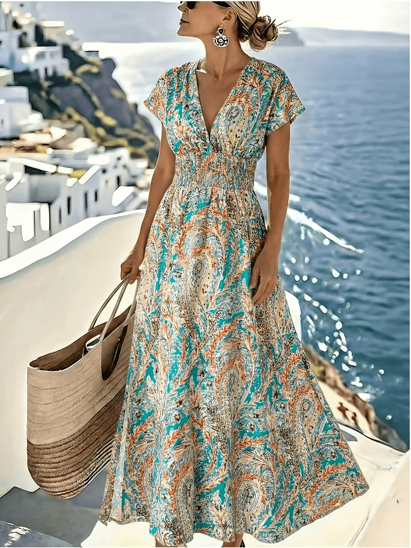 Boho Deep V Neck Short Sleeve Dress, Summer New Arrival, Elastic Waist, Flowy Print, Vacation Long Dress for Women, Casual Wear, Bohemian, Bohemian Sun Dress, Fashion Sundress