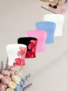 Vacation Style Hibiscus Print Tube Top, Plain Fitted Crop Top, Summer Fashion Sleeveless Innerwear Set, Five-Piece