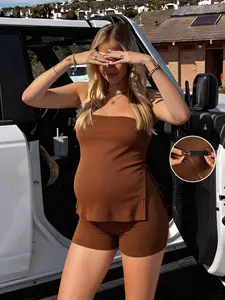 ZENIE Solid Hue Cropped Top Shorts Set Expecting Mom Summer Outfit Clean Girl Aesthetic