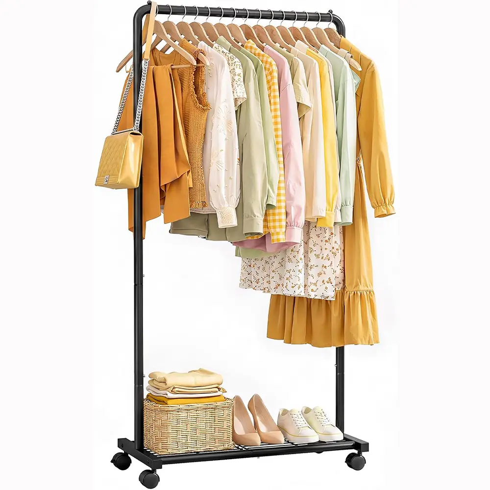 Clothes Rack - Clothing Rack with Storage Mesh Shelf & Casters, Heavy-Duty Metal Clothing Rack for Hanging Clothes, Dresses, Coats, Large Load Capacity, Easy Assembly, Pink, 28.0"x16.9"x59.0