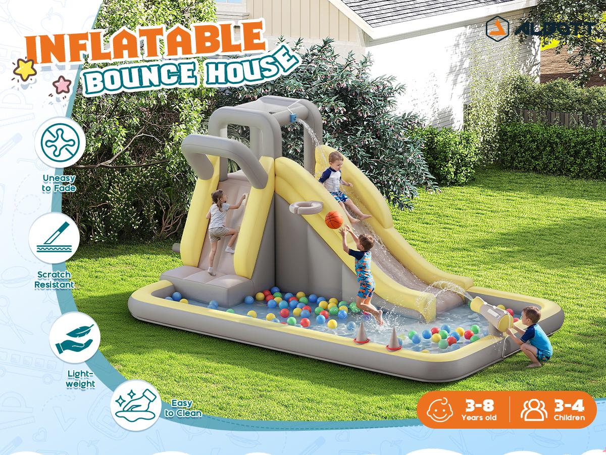 ALBOTT Inflatable Bounce House, Water Slide with Jumping Area, Climbing Wall, Splash Pool and Water Gun, Indoor Outdoor Jumper for Kids 3-12, Air Blower Included