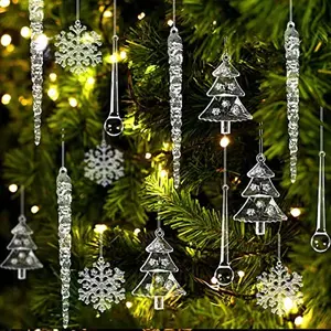 40Pcs Christmas Snowflake Icicles Decoration Transparent Crystal Icicles Ornaments Set Hanging Acrylic Snowflake Icicles and Water Drops Christmas Decoration