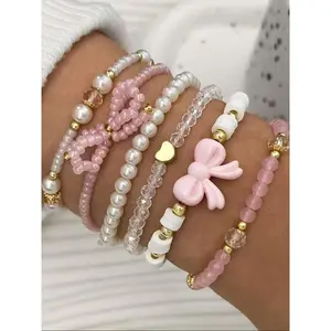 6 Pcs Glass Bead Faux Pearl Soft Clay Bracelets Set, Cute Y2K Bow Heart Design, Handmade Layered Wear Jewelry for Women, Stackable Bracelets