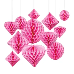 5.75" - 12" Classic Pink Hanging Paper Honeycomb Decoration Assortment - 12 Pc.