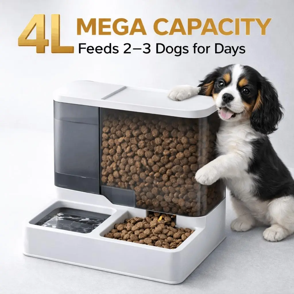 4L Automatic Dog Feeder & Water Dispenser Set, Large Capacity Gravity Feeding Station with Visible Food Storage Bin & Dual Bowls for 2–3 Dogs, Puppies, Cats & Kittens